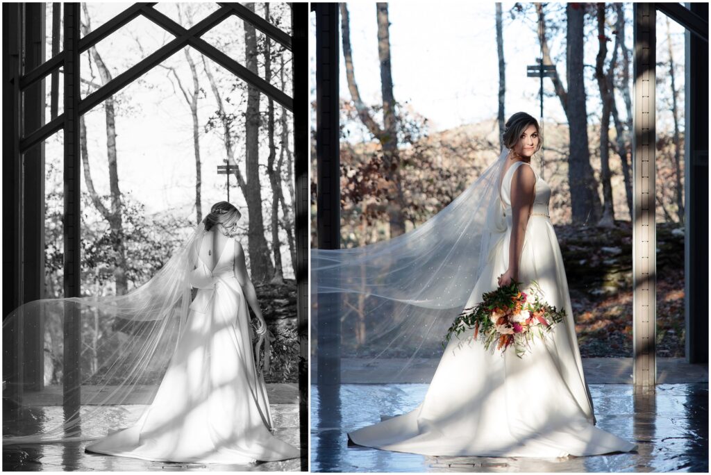 Thorncrown Chapel, dramatic glass chapel wedding, Jenny Yoo NYC wedding gown, Birch on Main, Salon 7, Arloh Flora, Eureka Springs Arkansas