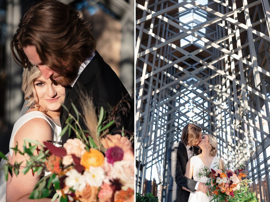 Thorncrown Chapel, dramatic glass chapel wedding, Arloh Flora, fall floral arrangement, wedding in the Ozarks