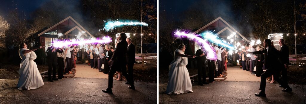 Harry Potter, sparkler exit, wand duel, dramatic wedding photography, unique wedding photos