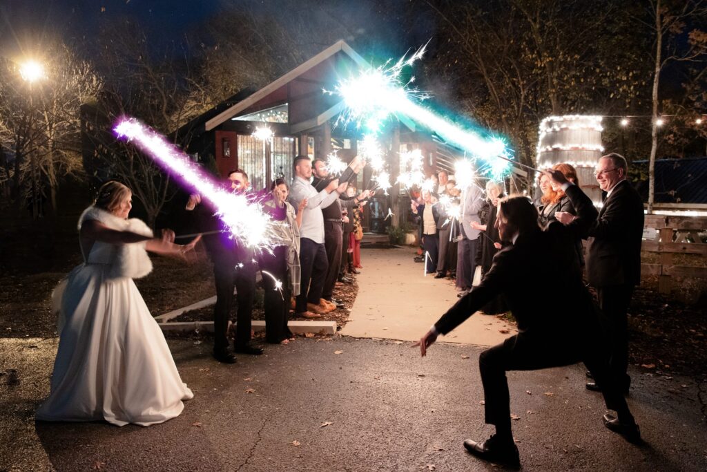 Harry Potter, sparkler exit, wand duel, dramatic wedding photography