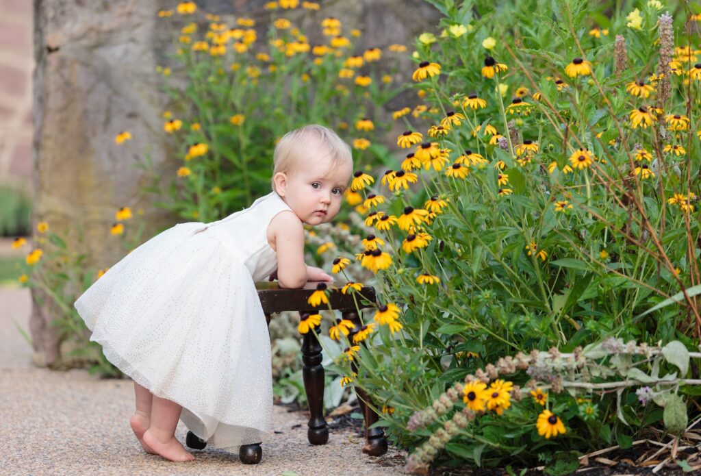 child photography, one-year-old, summer photos, rudbeckia, walney park