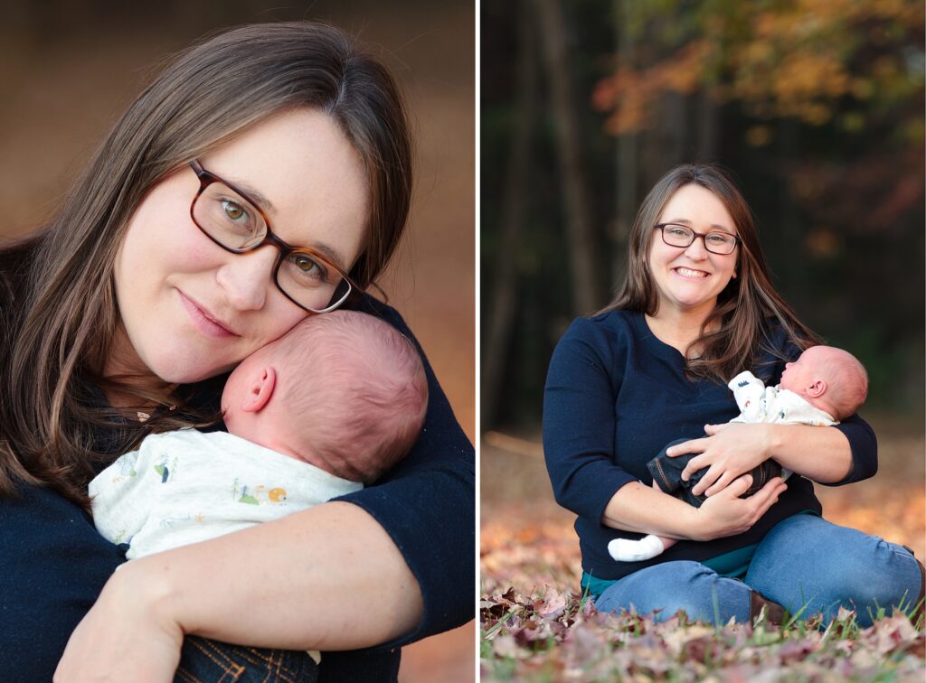 newborn photography, autumn colors, fall leaves, virginia, mother and son