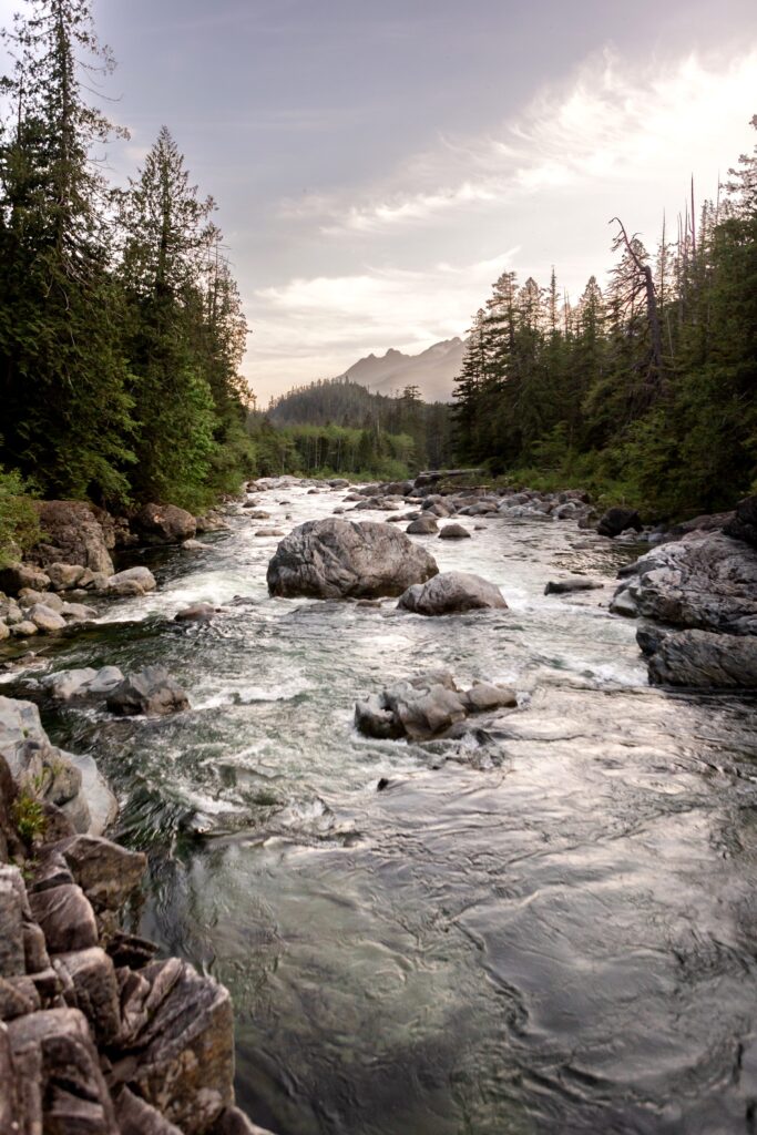 Vancouver Island, Canada, British Columbia, Canadian landscape, mountains, rural landscape, creek, sunset, rapids