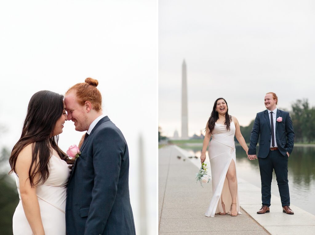 wedding photos, national mall, washington monument, reflecting pool, elopement photographer, washington dc, district of columbia, bride, wedding portraits, Hobby Lobby artificial flowers, artificial bouquet