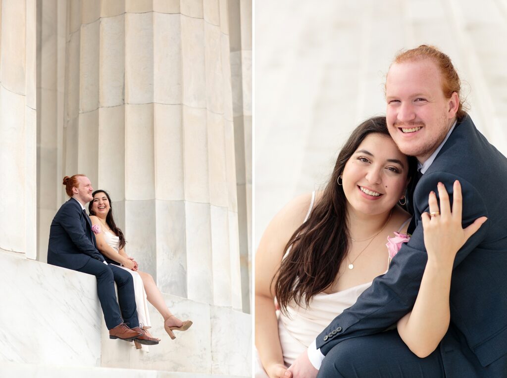wedding portraits at the lincoln memorial, Nordstrom Rack wedding dress, H&M suit, bride and groom, redhead 