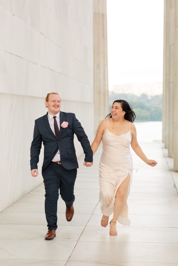 wedding portraits at the lincoln memorial, Nordstrom Rack wedding dress, H&M suit, washington dc, mixed couple