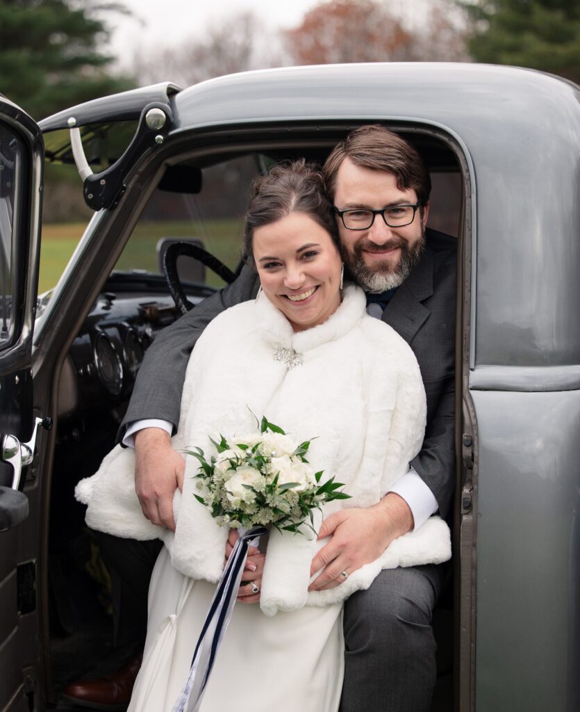 antique truck, Chevy, bride and groom, New York wedding