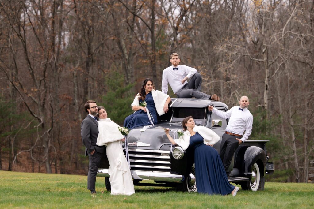 joyful new york wedding and answered prayers, antique chevy, pickup truck, bridal party