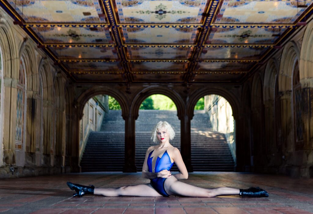 NYC dancer, New York City, midtown, Central Park, Bethesda terrace, blond, leotard, dance photographer