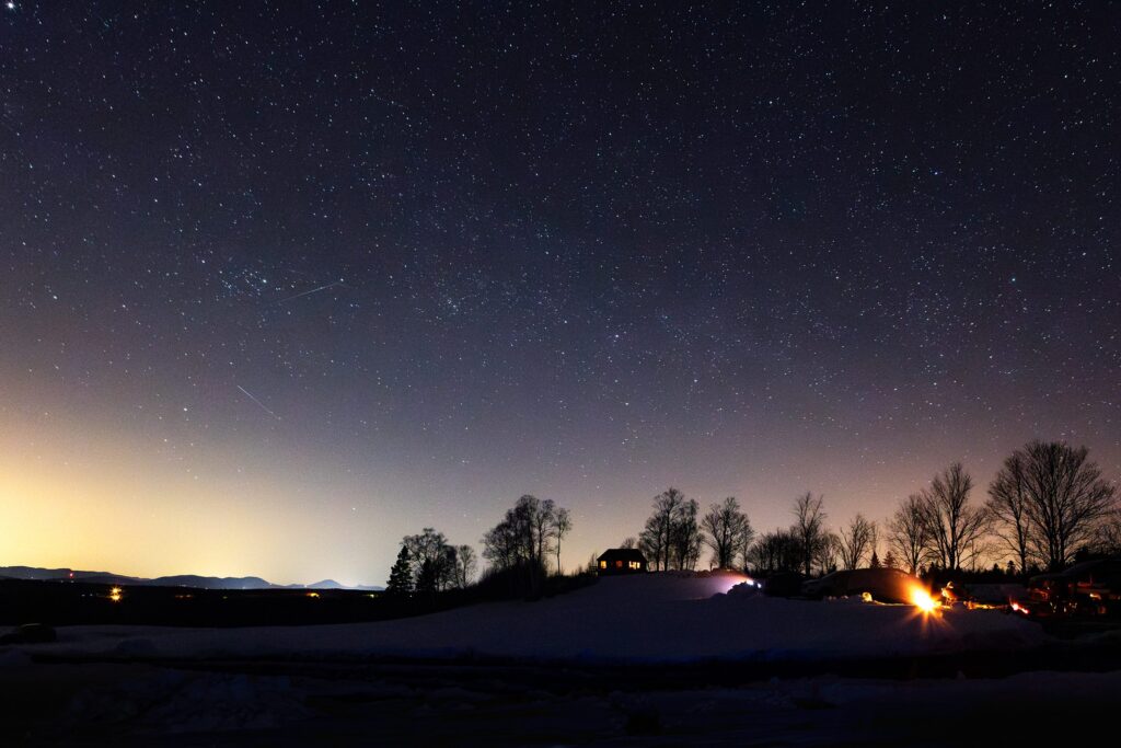 camping, night sky, starscape, vermont, brownington, rural landscape, night, snow, green mountains