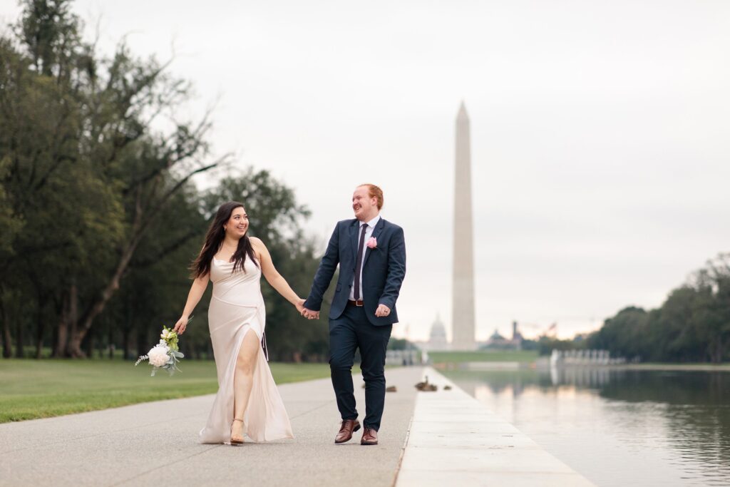 wedding portraits, national mall, washington monument, reflecting pool, elopement, traveling wedding photographer, bride, wedding portraits, Hobby Lobby artificial flowers, artificial bouquet